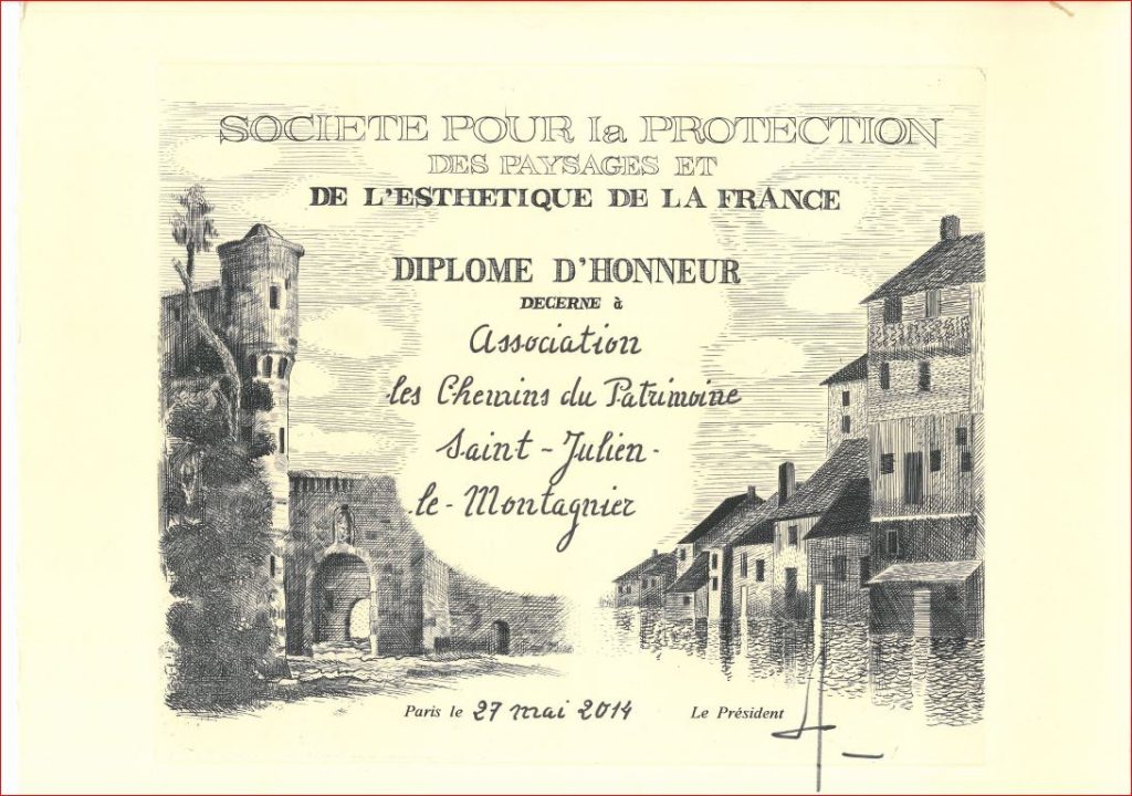 Diplôme d'honneur pour la restauration du four à pain des Puits Neufs, décerné par la société pour la protection des paysages et de l'ésthétique de la France