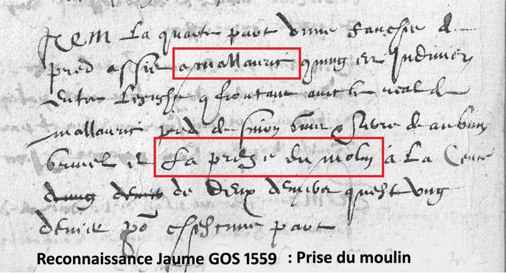 Extrait archive la prise de l'eau du moullin dudit seigneur, reconnaissance Jaume Gos en 1559 - Anne-Marie et Michel Courchet - Saint-Julien-le-Montagnier
