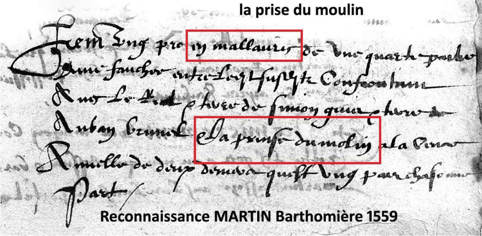 Extrait archive la prise de l'eau du moullin dudit seigneur, reconnaissance Martin Barthomière en 1559 - Anne-Marie et Michel Courchet - Saint-Julien-le-Montagnier