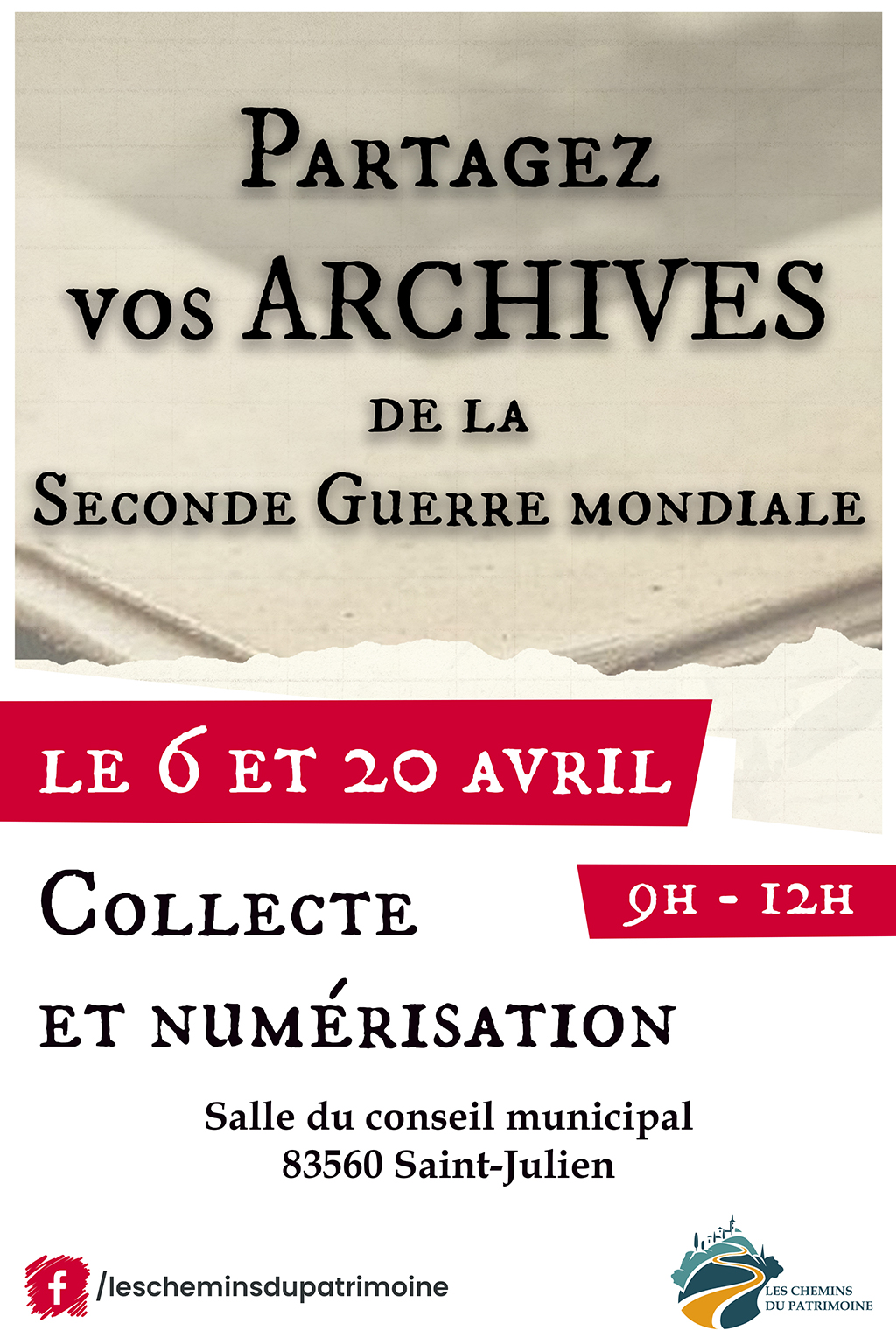 Affiche journée numérisation les 6 et 20 avril 2024 - Les Chemins du Patrimoine - Saint-Julien-le-Montagnier